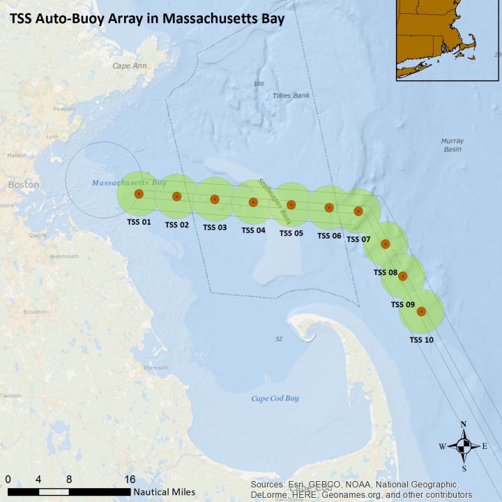 Ten active auto-buoys listening for right whales in Boston Traffic Separation Scheme (TSS)