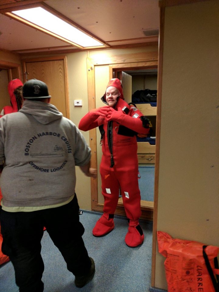 Suited up and ready to go - Dave trying out his survival suit aboard OSV Warren Jr. 