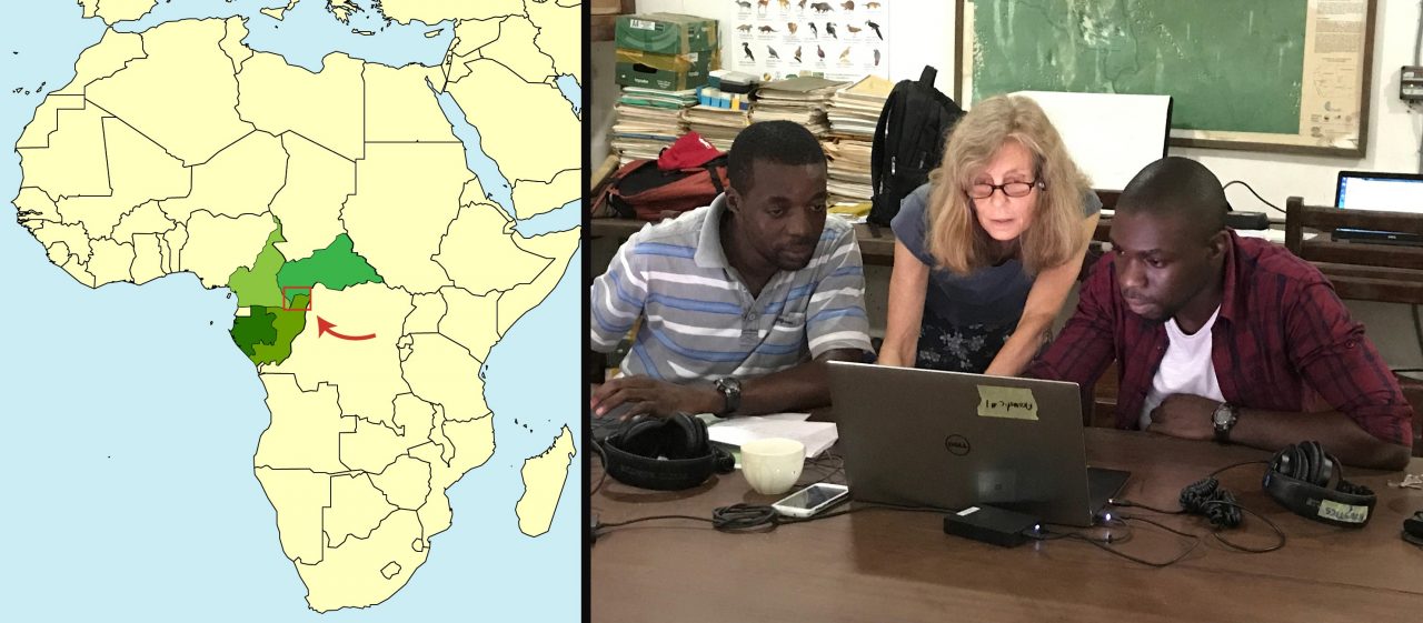 Left - Location of the acoustic grid in Central Africa. Right - The acoustic team in Bomassa (L-R): Frelcia Bambi, Liz Rowland, Phael Malonga