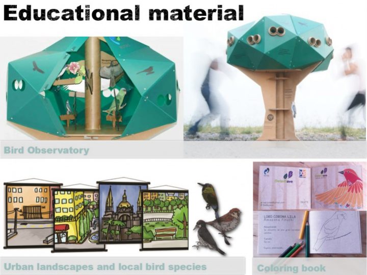 BirdSleuth Guadalajara materials - image states "bird observatory, urban landscapes and local bird species, and coloring book"