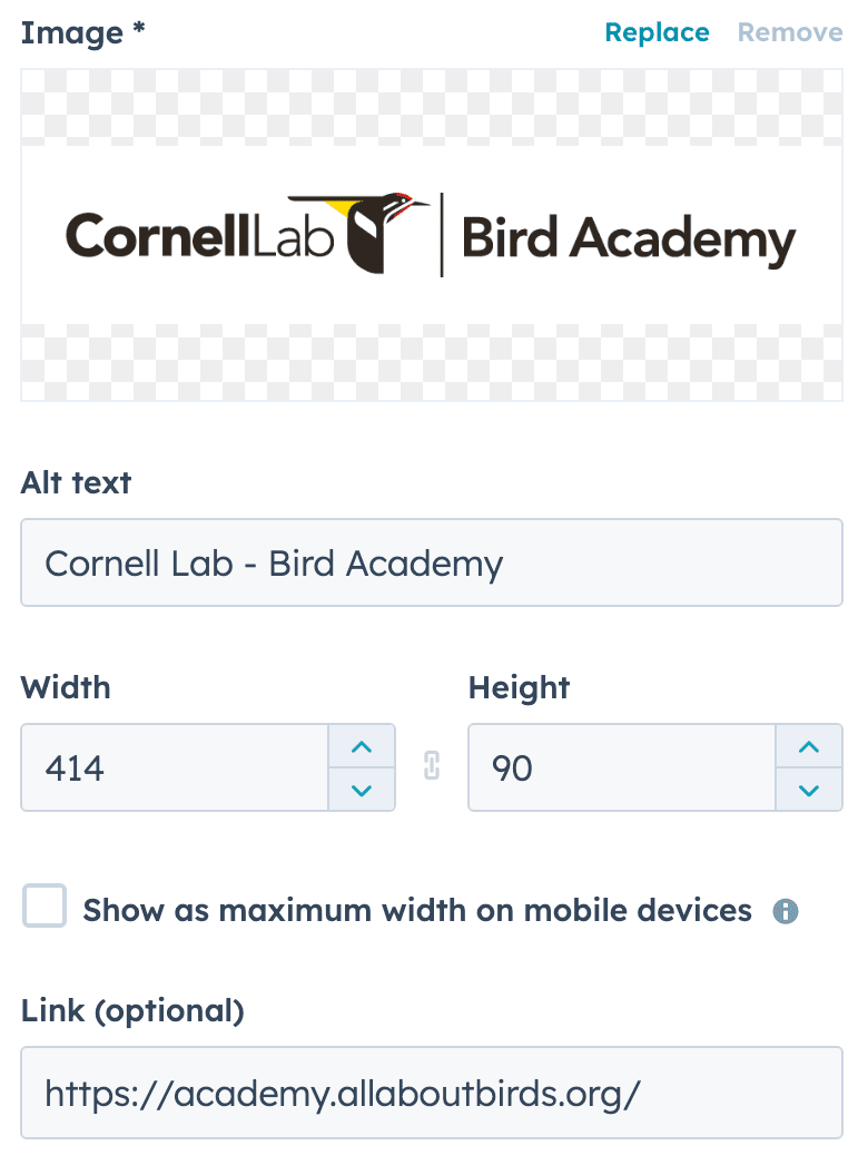 Image options with alt text, a height and link