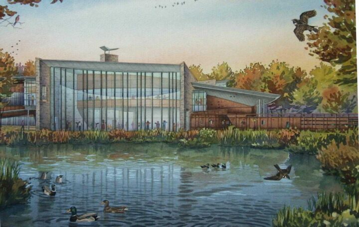 Illustration of Cornell Lab building from across pond at Sapsucker Woods.