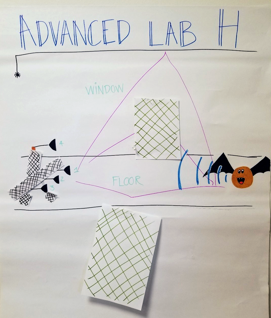 One of our group's "analog" presentation slides. We used giant "post-its" to explain our problem, and how we fixed it! We had to measure the source level of a vocalizing bat. But, first we had to reduce the reflections, and then we had to localize the bat.
