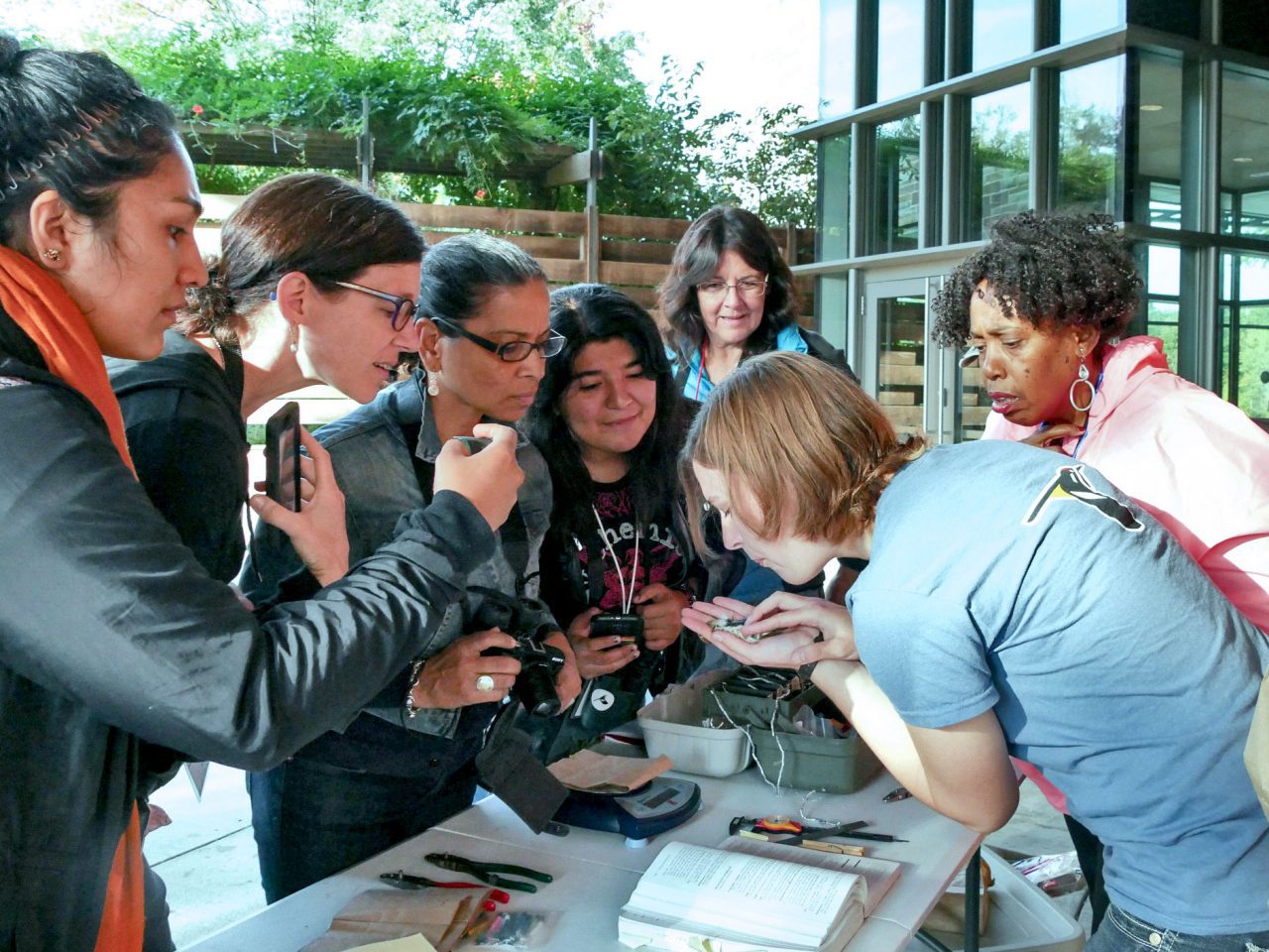 Participants gather around a table during a bird banding demonstration