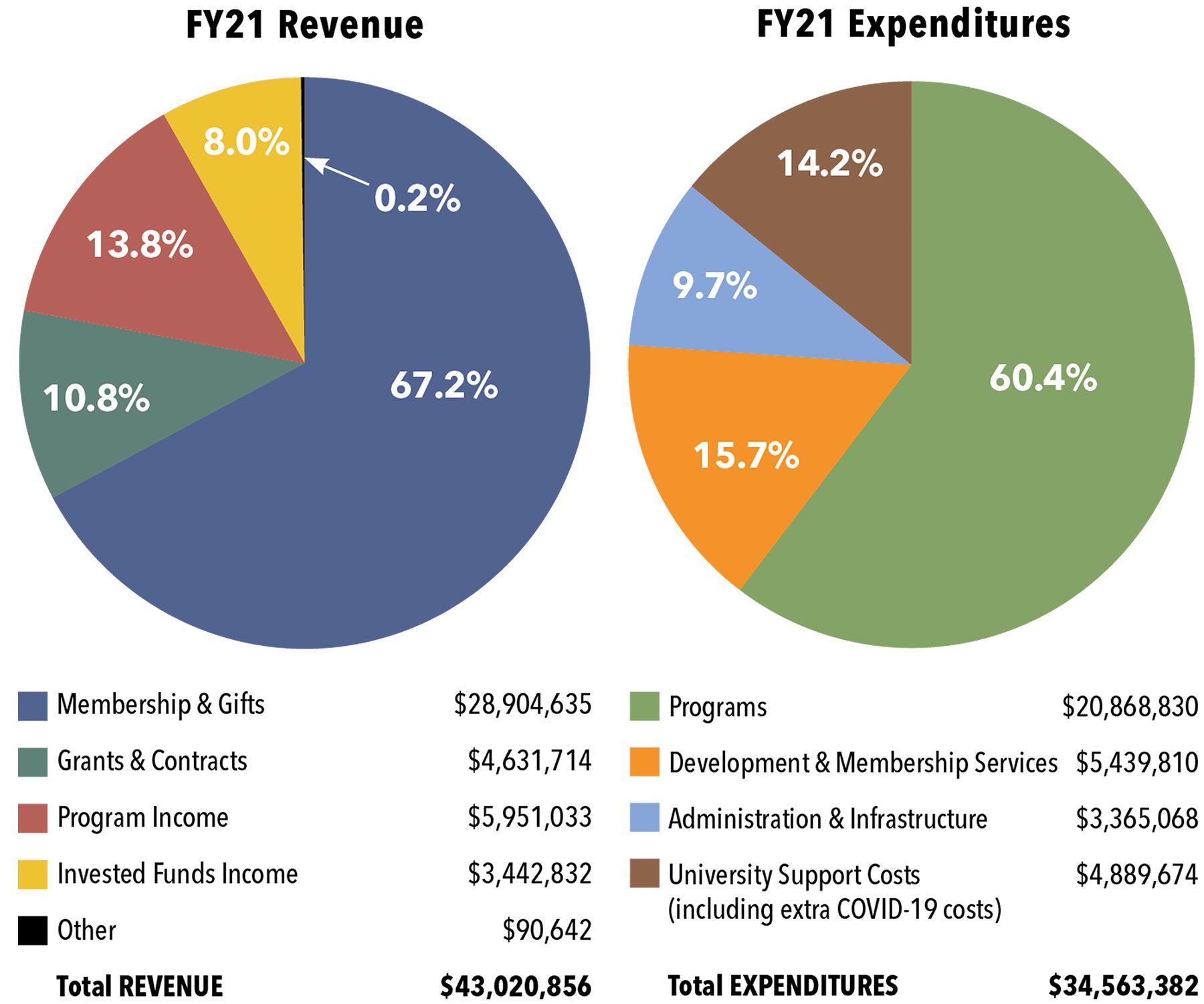 Two pie charts indicating revenues and expenditures for fiscal year 2021. Text states $43,020,856 revenues and $34,563,382 expenditures