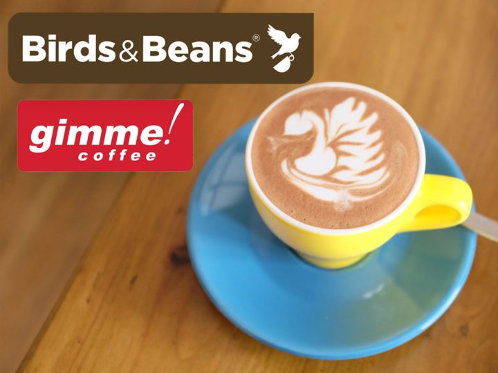 Bird friendly coffee montage: Birds & Beans logo, Gimme! coffee logo, swan in cappuccino foam by Nafinia Putra via Wikimedia Commons [link: https://commons.wikimedia.org/wiki/File:Latte_art_and_laptop_(Unsplash).jpg]