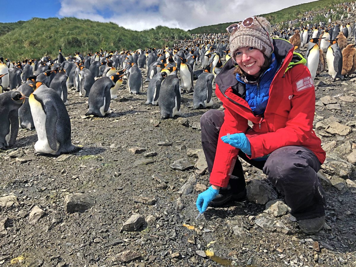 Gemma Clucas with King Penguins on South Georgia Island. Photo by Hamza Yassin.