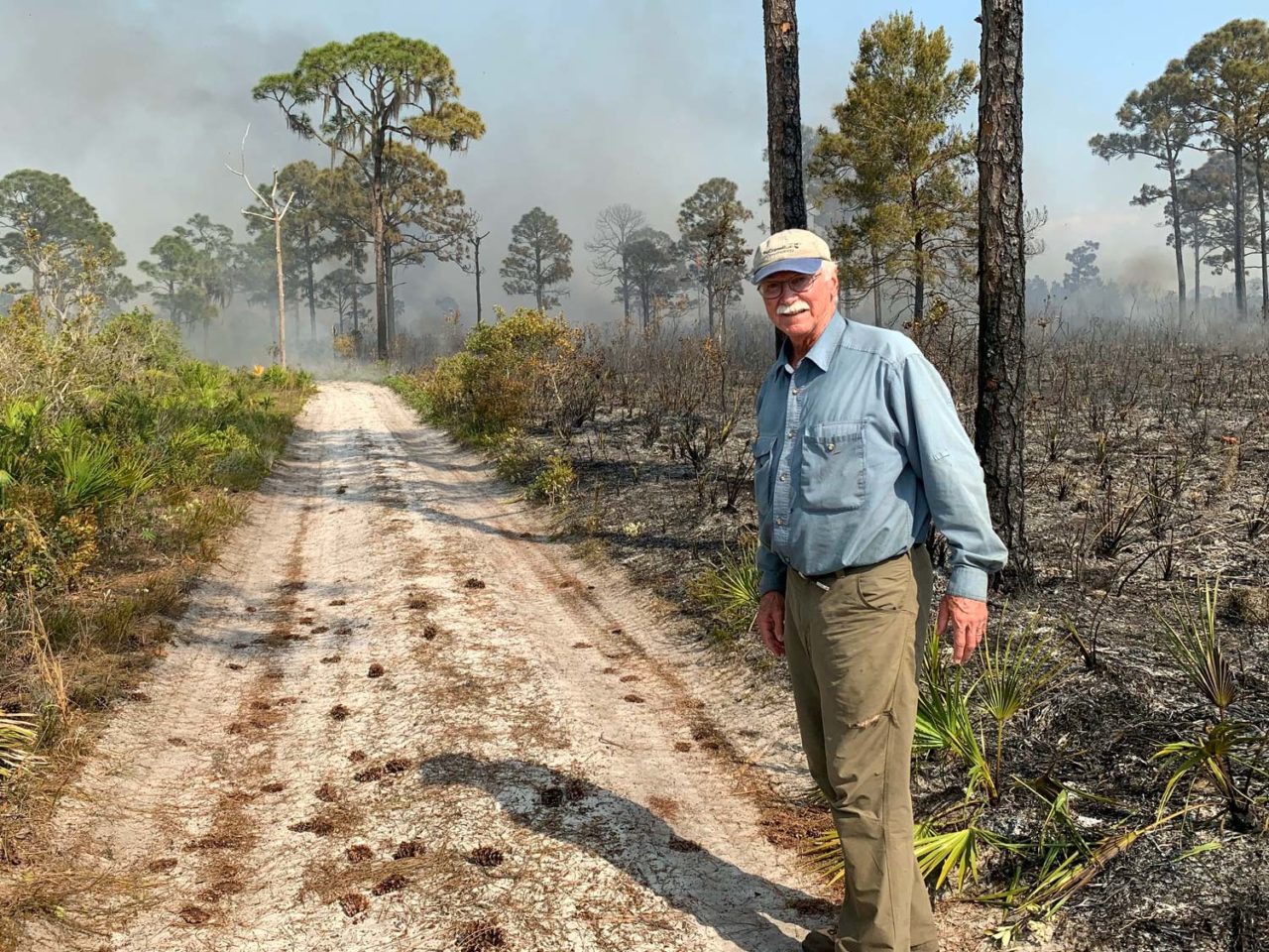 John Fitzpatrick stands at edge of burned scrub, Florida
