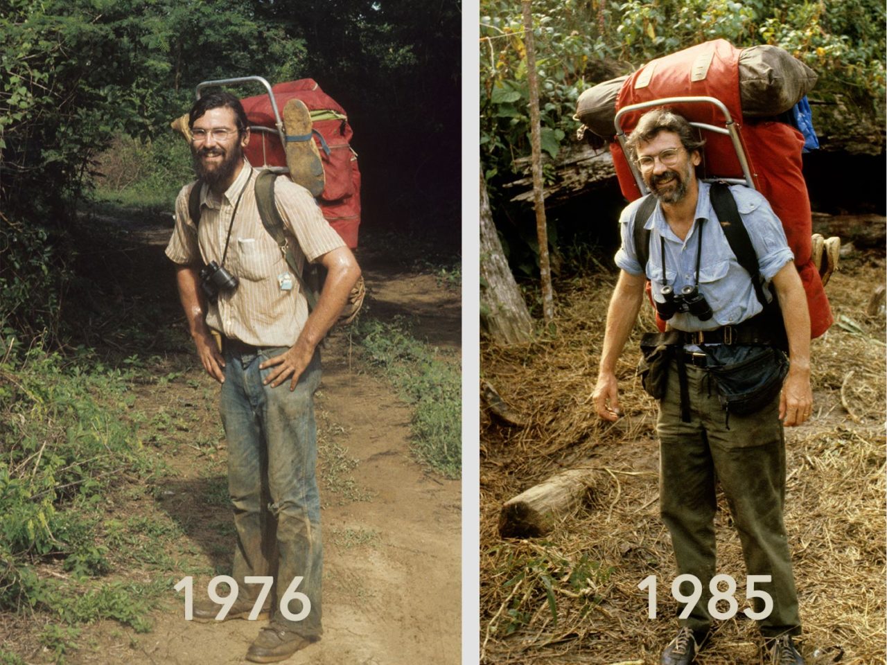 side by side photos of John Fitzpatrick taken 9 years apart, wearing same red backpack