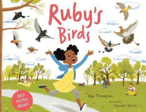 Book cover. Image of Ruby in a park with birds