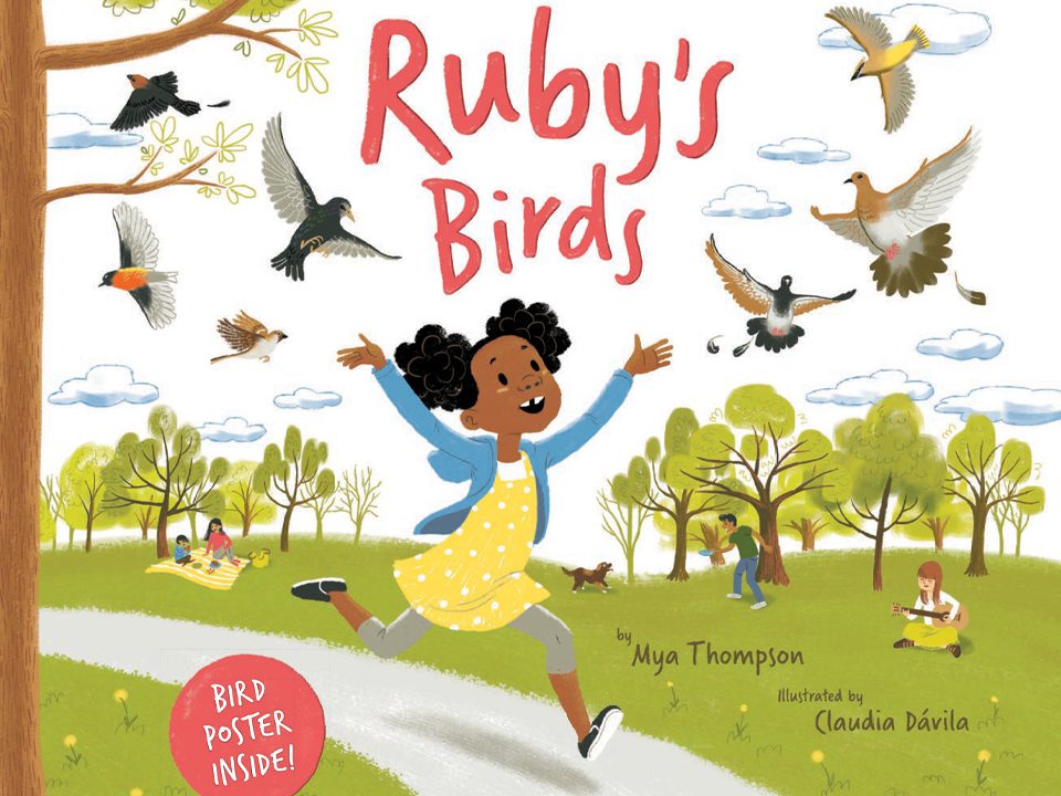 Book cover image with young girl running amongst birds in flight