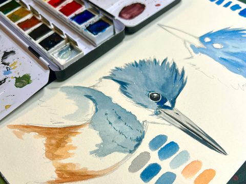 Painting of Kingfisher on sketch pad with set of open paints