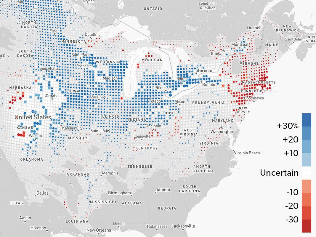 Map showing positive trends in the midwest into Canada and negative trends in the northeast