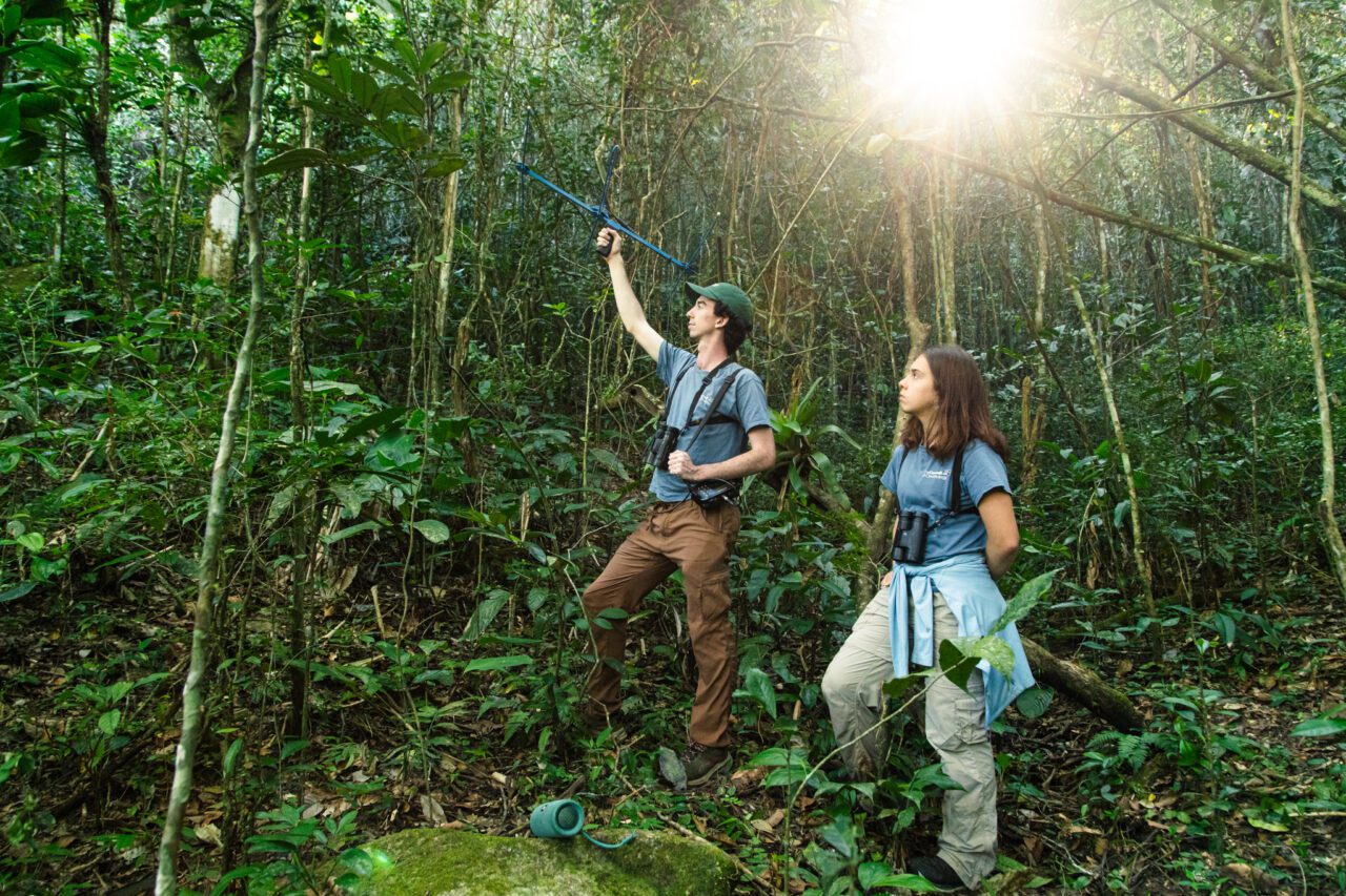 Two people in a forest using an antenna device and binoculars