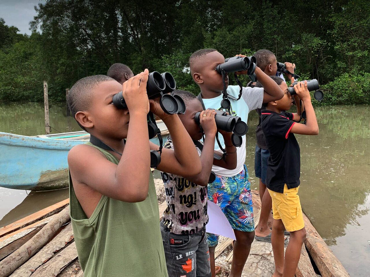 group of children looking through binoculars 