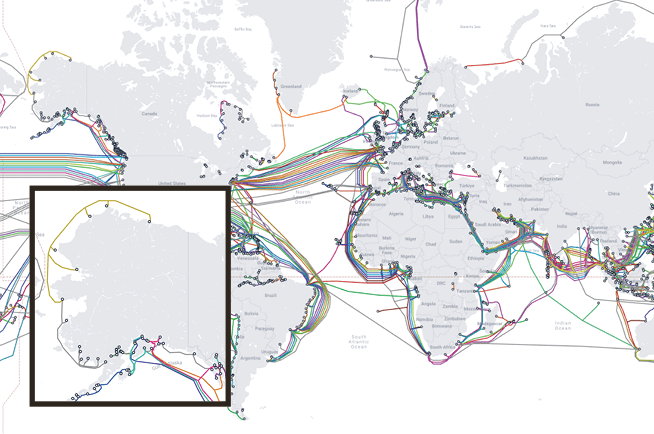 Submarine cable map of the world with an inset highlighting the Alaskan coastline where Léa has been conducting research
