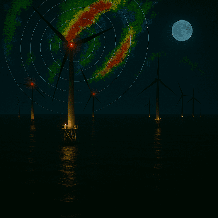 Graphic image of an offshore wind turbine with radar indicated birds during migration