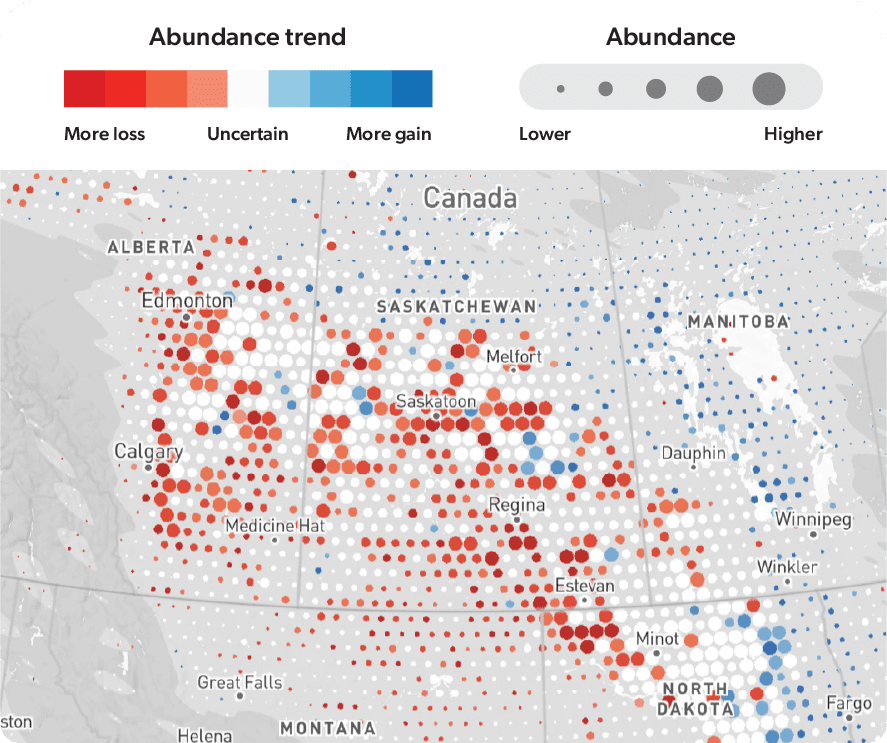 Map showing abundance trends of bird populations across western Canada and the northern U.S.