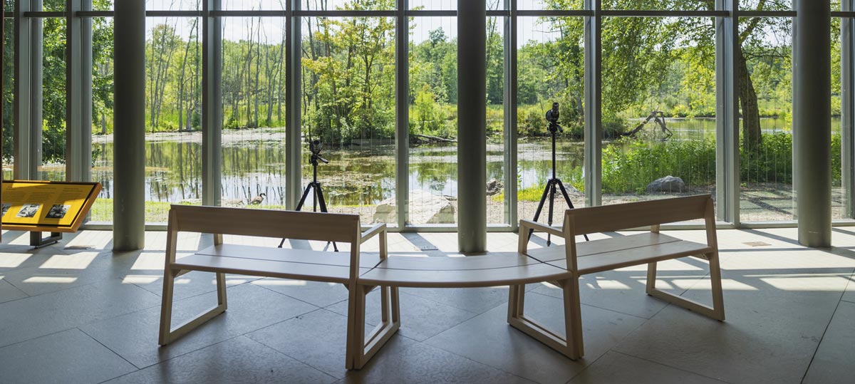 benches and scopes in front of windows that face a pond