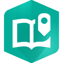 ArcGIS StoryMaps logo. The logo is a teal hexagon with a thick, white outline of an open book. On the right-hand page of the book is a white map marker. 