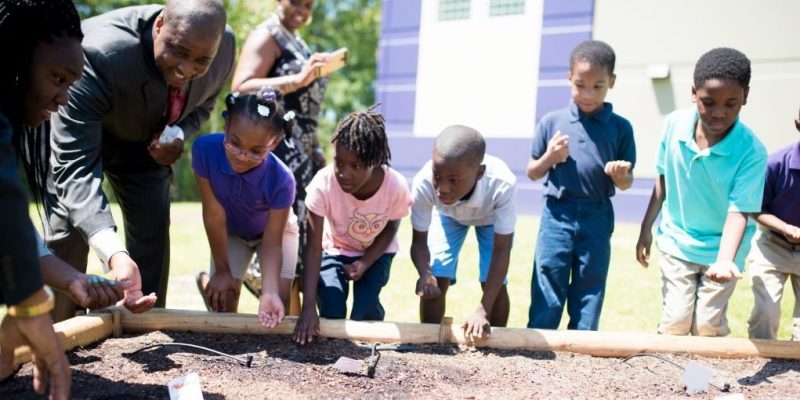 Students gardening