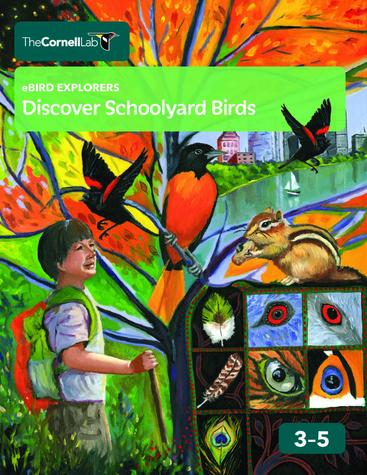 Image shows the eBird 3-5 cover titled "Discover Schoolyard Birds". It shows a child out in nature spotting a variety of animals.