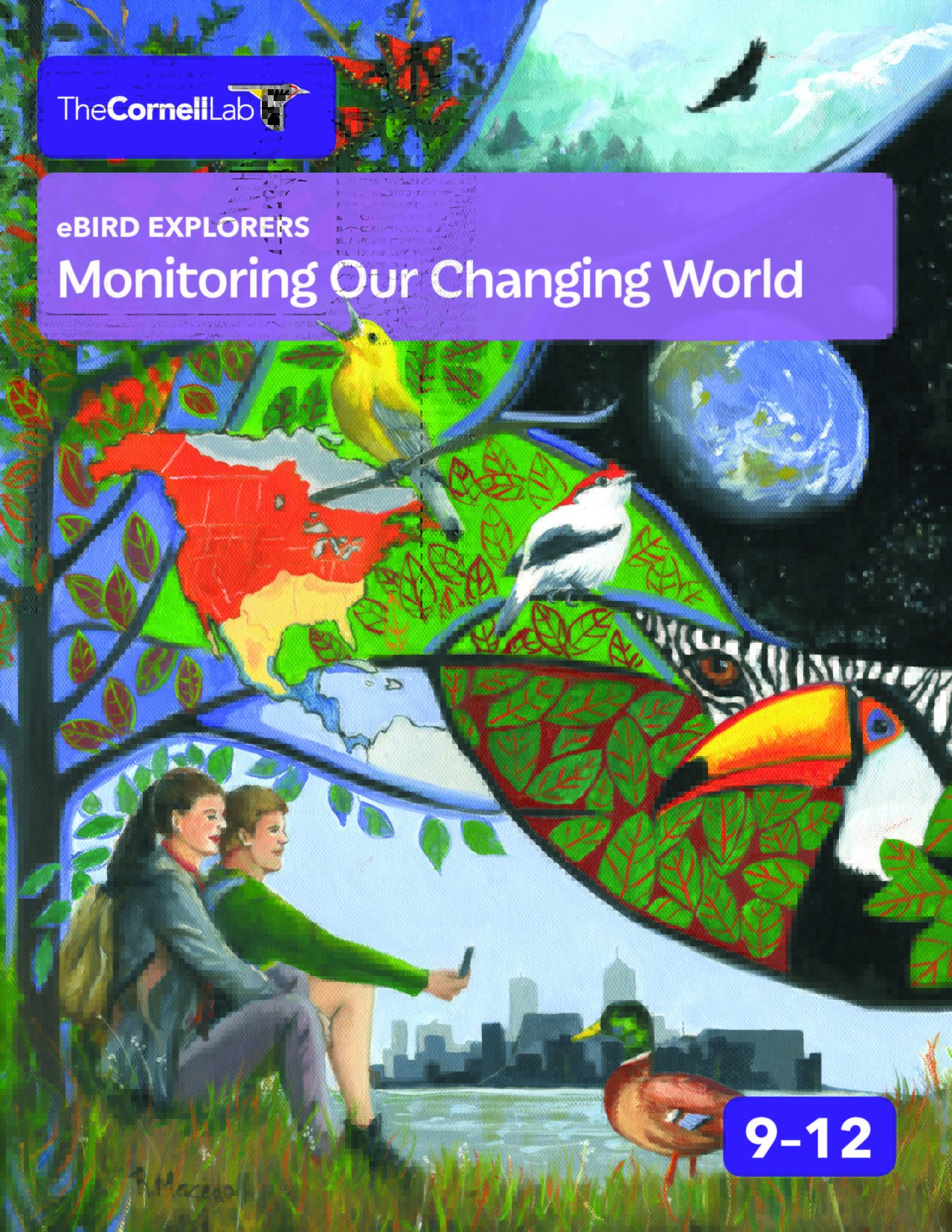 ebird 9-12 cover titled "eBird Explorers - Monitoring Our Changing World" It show 2 people sitting under a tree learning about the birds they are spotting.
