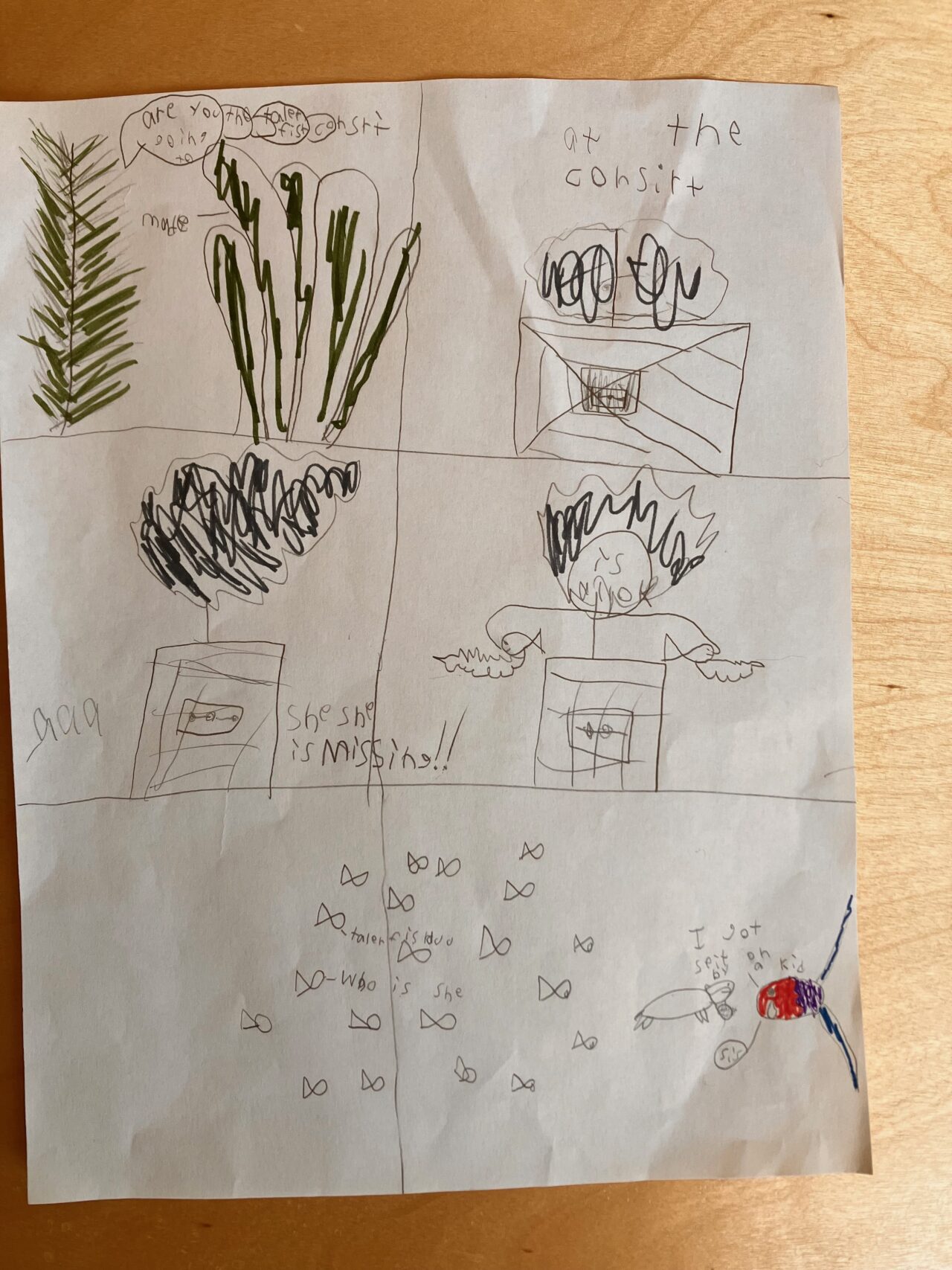 Comic drawn by 4th grader after watching an underwater live-streaming camera. This example is more imaginative, uses pop culture, and does not include scientific facts.
