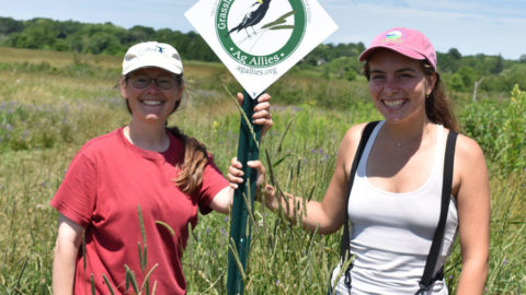 Two Women Holding Grassland Bird Sign in Field