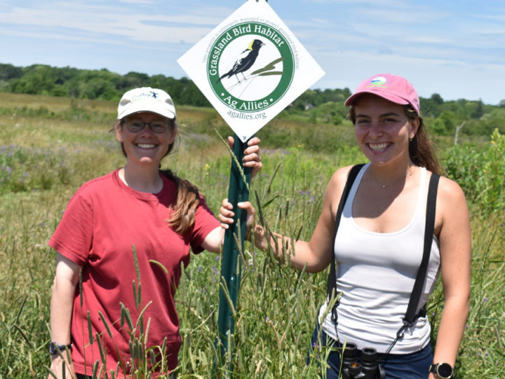 Two Women Holding Grassland Bird Sign in Field