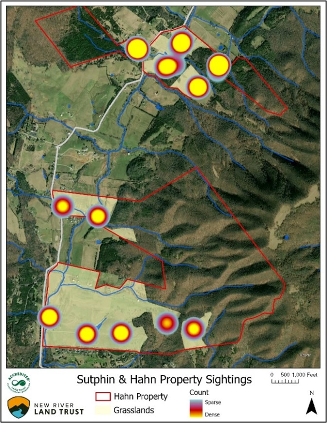 A map indicating bird observations on a farm property
