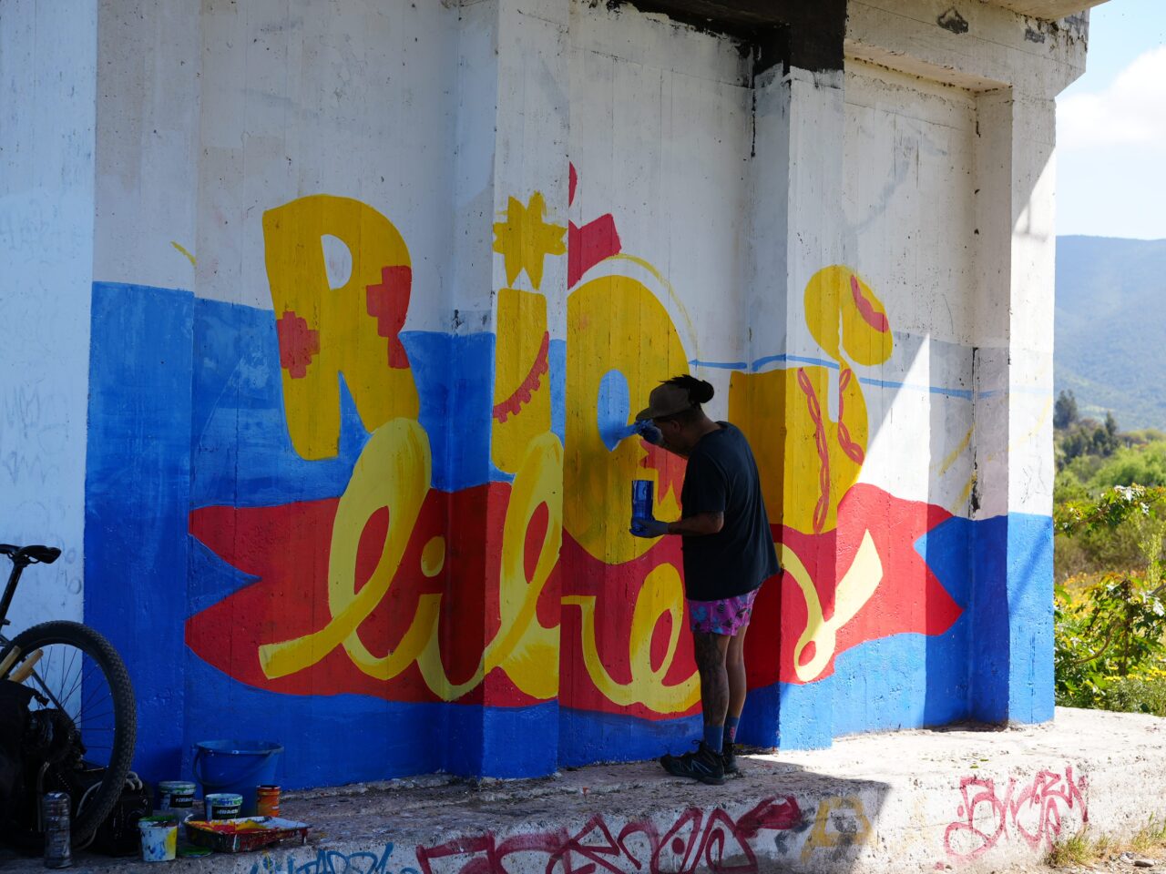 A man painting a mural