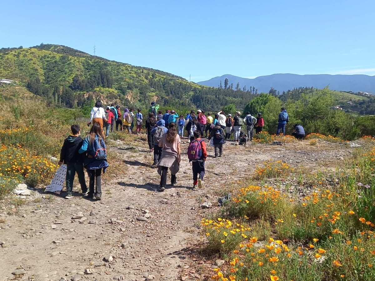 A large group of people in following a path