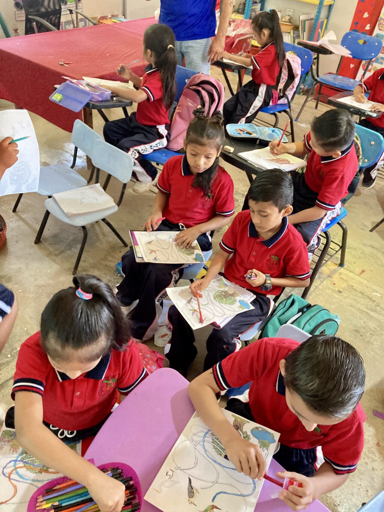 A group of young students in red uniforms are participating in a bird habitat matching activity in their classroom. They are seated at desks, using colored pencils and crayons to complete worksheets that involve connecting birds to their correct habitats. Some students are focused on their work, while others are reaching for coloring materials.