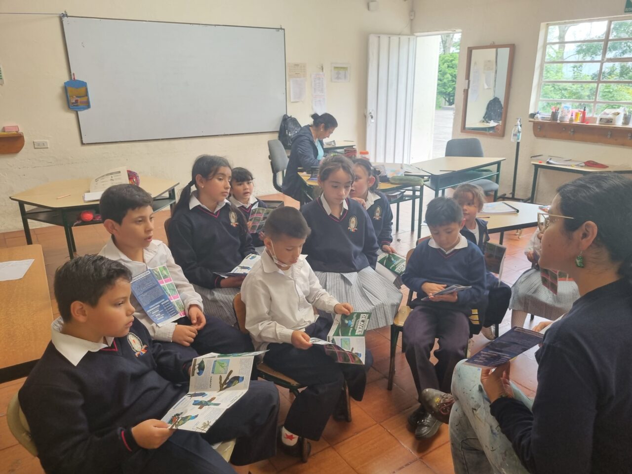 Los estudiantes están sentados juntos en un salón Tienen folletos que detallan información sobre las aves. Su maestra sostiene su folleto y lo usa para enseñar a sus alumnos.