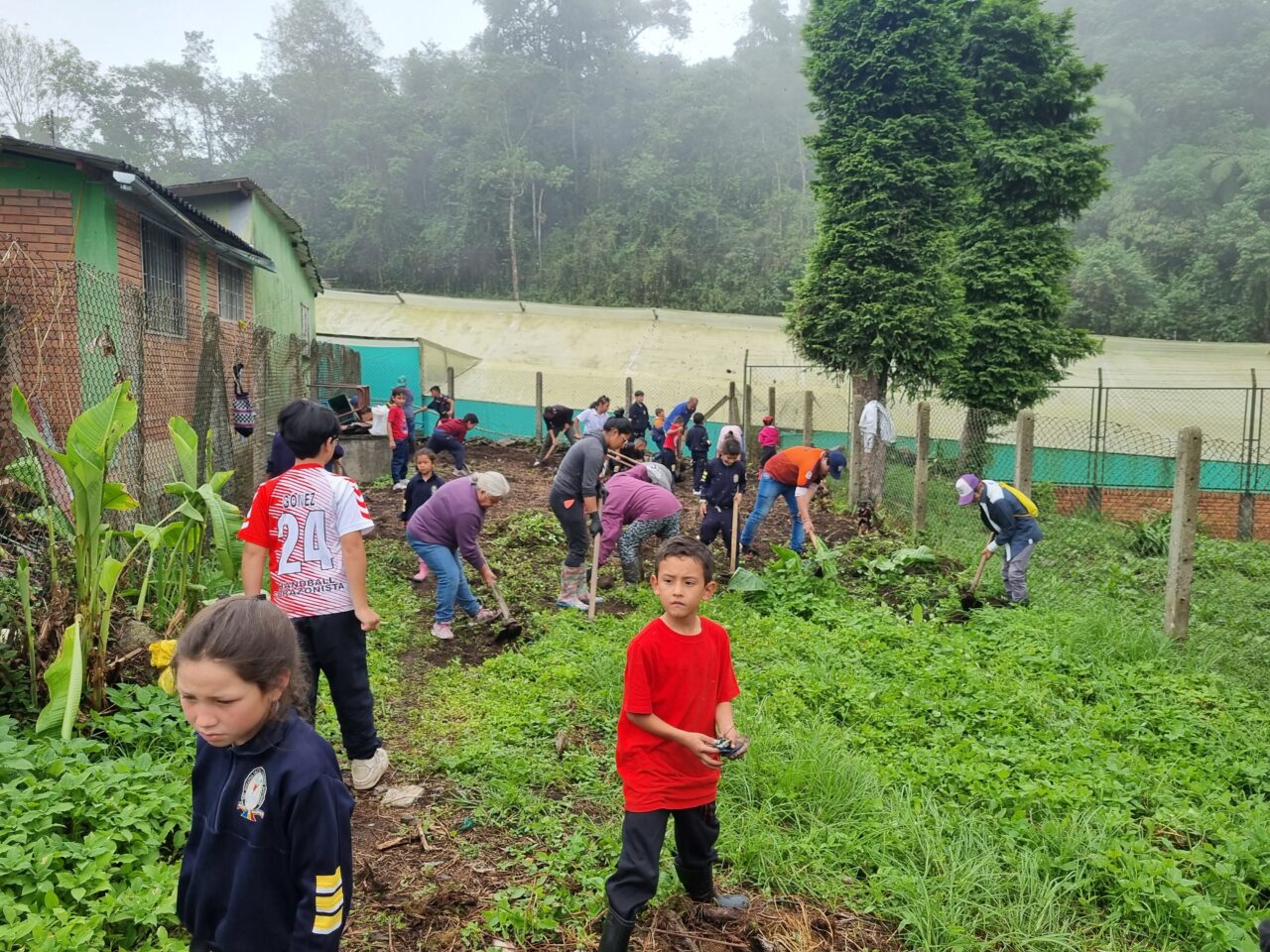 Hay varios estudiantes e instructores afuera en un campo verde. Están escavando y plantando afuera de su salón de clases.