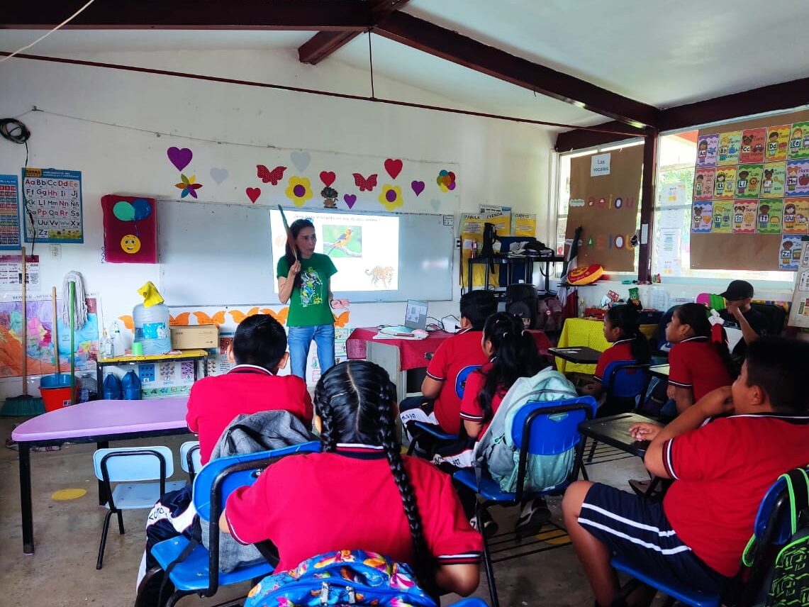 A teacher is at the front of the class, introducing a lesson on birds while pointing to a presentation on a white screen. The students in red uniforms are at their desks, listening. The classroom walls have colorful posters, cut-out hearts, and learning materials.